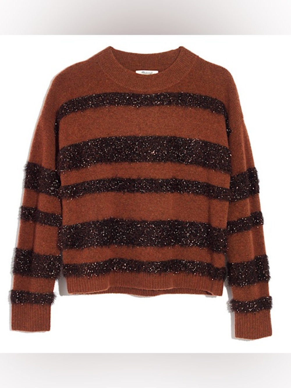 Madewell Rust and Black Sparkle Striped Crewneck Sweater 18%Wool 8%Alpaca